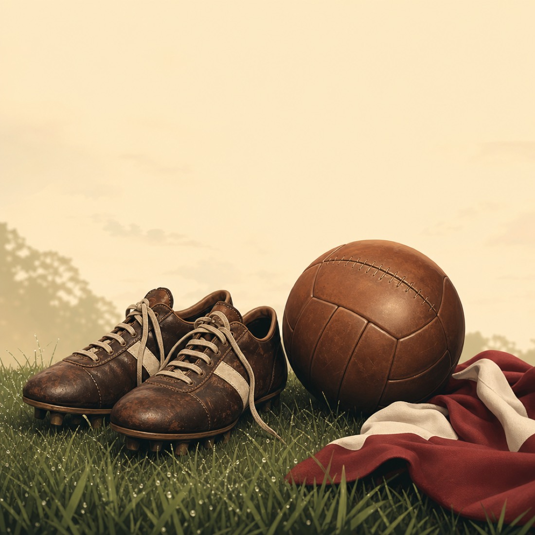 Illustration of vintage 1960s leather football boots and a classic laced ball resting on grass