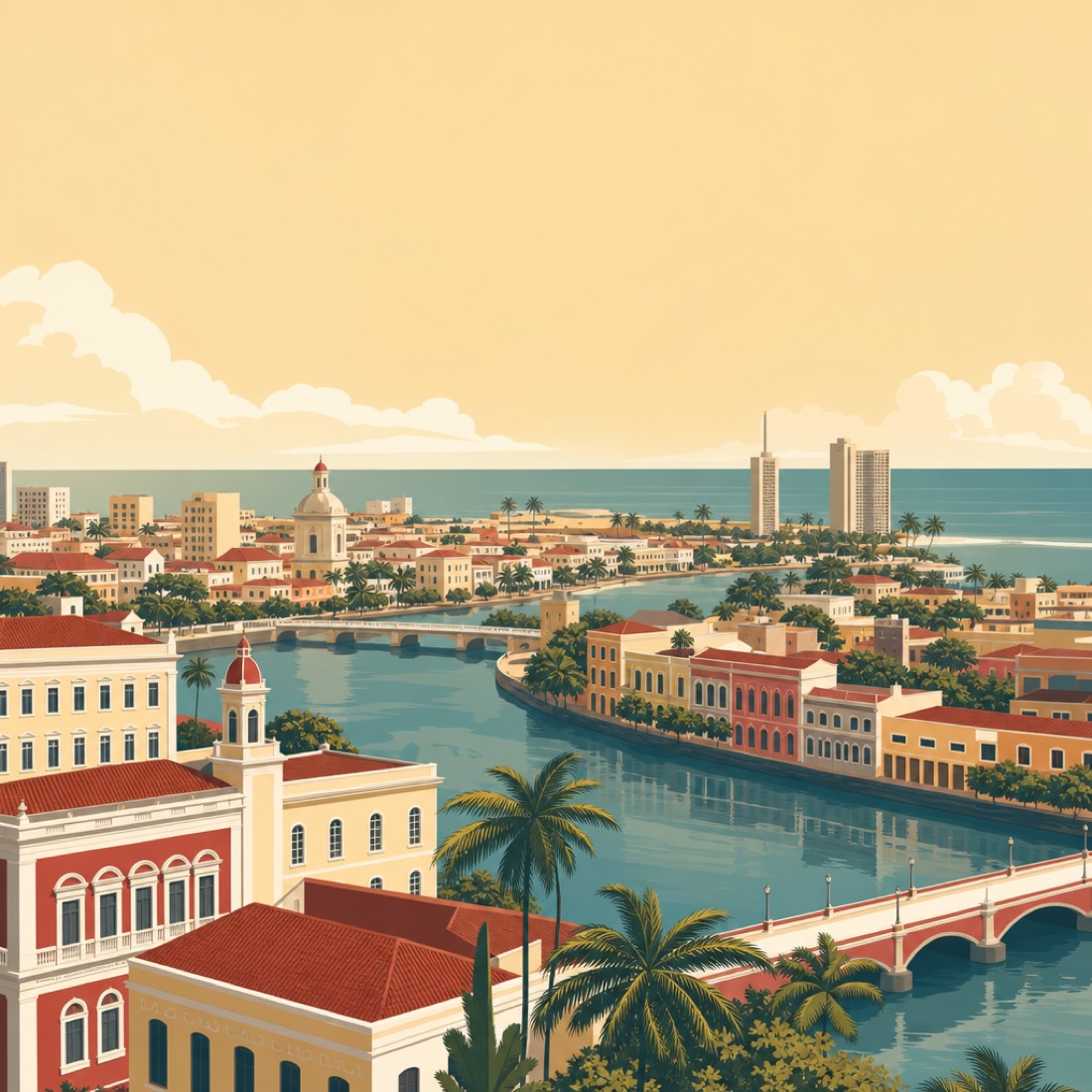 Illustration of a 1960s north-eastern Brazilian coastal city skyline with palms, a river and bridges, evoking Recife
