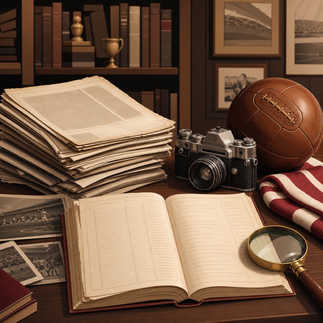 Illustration of archival materials — aged newspapers, an open ledger, a vintage camera and a magnifying glass with a classic ball — evoking historical football records