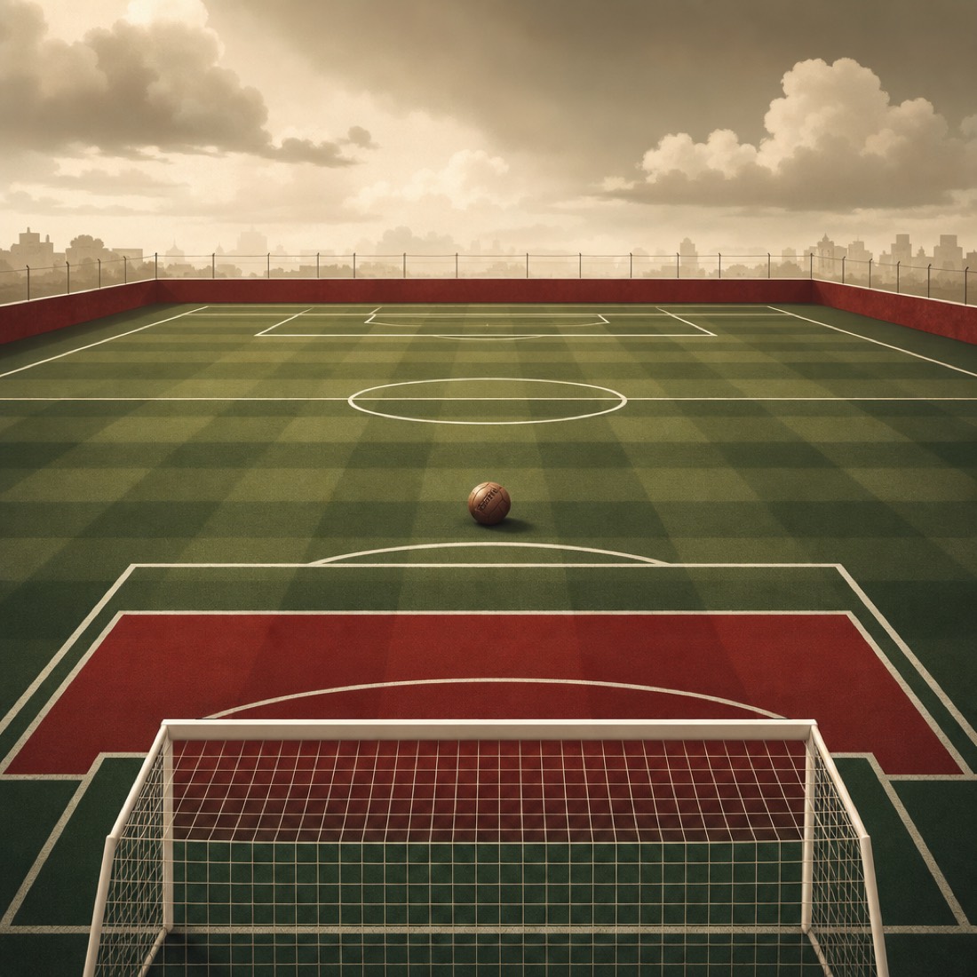 Illustration of an empty football pitch behind a white goal, with penalty box markings and a vintage ball, evoking the defensive third